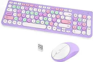 Wireless Keyboard and Mouse Combo, Retro Typewriter Keyboard with Round Keycaps, 2.4GHz USB Cute Wireless Keyboard Mouse for Computer, Desktop, Laptop (Purple Colorful)