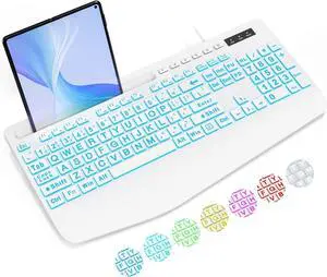 Large Print Backlit Computer Keyboards, Wired Lighted USB Keyboards with 7-Color Backlit, Wrist Rest, Phone Holder, Easy to Read and Type for Laptop, PC, Windows, Desktop (White)