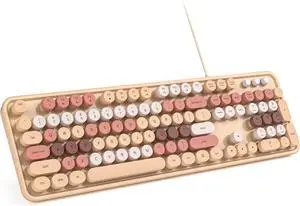 Computer Keyboard Wired, Plug Play USB Retro Round Typewriter Keyboard, Full Size Wired Keyboard with Foldable Stands for Laptop and Office PC- Milk Tea Colorful