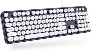 Computer Keyboard Wired, Plug Play USB Retro Round Typewriter Keyboard, Full Size Wired Keyboard with Foldable Stands for Laptop and Office PC