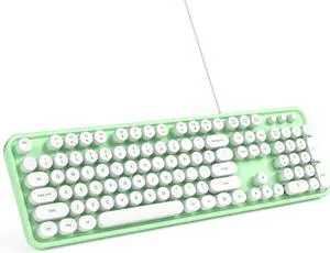 Computer Keyboard Wired, Plug and Play USB Retro Round Typewriter Keyboard, Full Size Wired Keyboard with Foldable Stands for Laptop and Office PC- Green&White Colorful