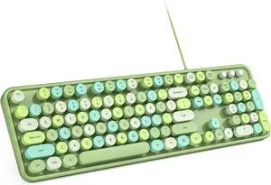 Computer Keyboard Wired, Plug Play USB Retro Round Typewriter Keyboard, Full Size Wired Keyboard with Foldable Stands for Laptop and Office PC - Green Colorful