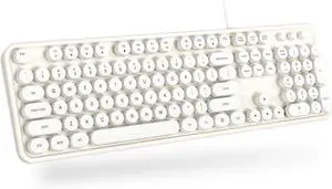 Computer Keyboard Wired, Plug Play USB Retro Round Typewriter Keyboard, Full Size Wired Keyboard with Foldable Stands for Laptop and Office PC