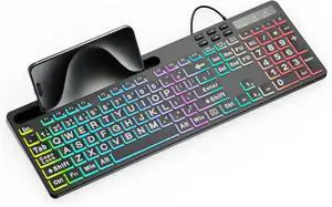 Large Print Backlit Keyboard, WK712 Wired Computer Keyboards with 7 Colors & 11 Modes Backlight, Tablet Phone Holder and Quiet Light Up Keys, Full-Size Gaming Keyboard for Windows, Mac