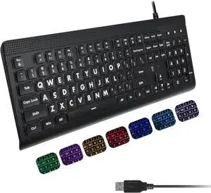 Large Print Backlit Computer Keyboard - Easy to See Big Letters - Lighted USB Wired Keyboard with 7-Colors Backlight, Full Size Oversized Light Up Keyboard for Windows, PC, Laptop - Plug and Play