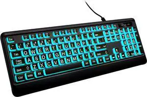 Large Print Backlit Keyboard, Wired Lighted Computer Keyboards with 7-Color Backlight, Light Up Oversize Letter Keys, Foldable Stands, USB Quiet Keyboard for PC, Windows, Laptop (Colorful Backlit)