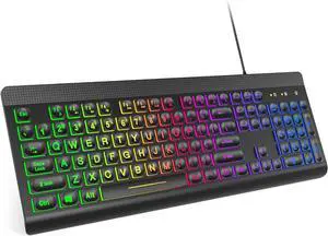 Backlit Keyboard Wired Large Print, Computer Keyboard with Rainbow Illuminated LED, USB Keyboard with Numeric Keypad and Media Hotkey for Windows PC Laptop