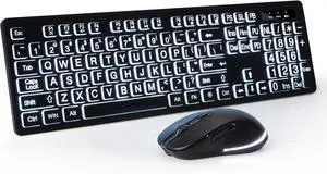 Wireless Keyboard and Mouse - Large Print Wireless Keyboard, 2.4G Full Size Keyboard and Mouse Set with Big Letters and Backlight Key for Seniors, Compatible for Windows, Laptop, PC, Black
