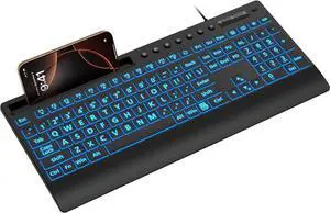 Large Print Backlit Keyboard, USB Wired Computer Keyboard with Backlight Memory Function, Wrist Palm, 7-Color Lighted Office Home Keyboards,Light Up Keyboard for Windows Desktop, Laptop, PC