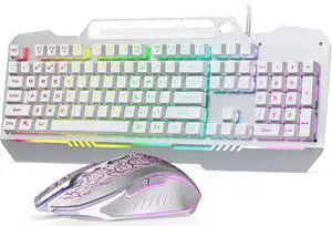 Gaming Keyboard, T102 104 Keys Keyboard and Mouse Combo, USB Wired Computer Keyboards Mechanical Feel Full Size, RGB Backlit for PC/Laptop Gaming or Working/Office (White)