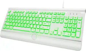 Large Print Backlit Computer Keyboard, USB Full Size Wired Keyboards with 7-Colors Backlight, Wrist Rest, Light Up Keyboard for Windows, PC, Laptop - Easy to See, Easy to Setup