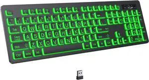 Large Print Backlit Wireless Keyboard, 2.4G Silent Wireless Light Up Keyboard, Full Size Computer Keyboards with 7 Colored Backlits, Rechargeable Keyboards for Windows, PC, Laptop