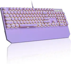 Typewriter Mechanical Gaming Keyboard, Retro Punk Purple Round Keycaps, 104 Keys LED White Backlit Wired Keyboards for Laptop MAC PC Gamer, with Magnetic Wrist Rest, Blue Switch