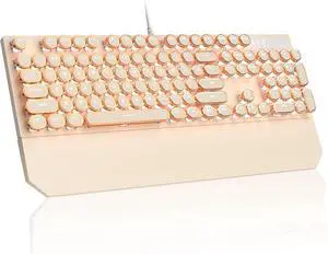 Typewriter Mechanical Gaming Keyboard, Retro Punk Creamy Round Keycaps, 104 Keys LED White Backlit Wired Keyboards for Laptop MAC PC Gamer, with Magnetic Wrist Rest, Blue Switch