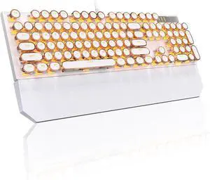 Typewriter Mechanical Gaming Keyboard, Retro Gold Punk Round Keycaps LED Backlit Wired Keyboards for Laptop MAC PC Gamer, with Magnetic Wrist Rest - Blue Switch