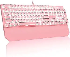 Typewriter Mechanical Gaming Keyboard, Retro Punk Pink Round Keycaps, 104 Keys LED White Backlit Wired Keyboards for Laptop MAC PC Gamer, with Magnetic Wrist Rest, Blue Switch