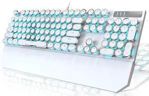 Typewriter Style Mechanical Gaming Keyboard, White Retro Punk Gaming Keyboard with Blue Backlit, 104 Keys Blue Switch Wired Cute Keyboards, Round Keycaps for Windows/Mac/PC