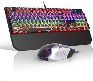 Typewriter Keyboard and Mouse Combo, Cute Black Keyboard with Linear Red Switches, Full Size Wired Mechanical Gaming Keyboard, Cool Light Up Keyboard and Mouse for Gaming,Work,Mac,PC,Windows