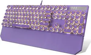 Typewriter Style Mechanical Gaming Keyboard, Purple Retro Punk Gaming Keyboard with White Backlit, 104 Keys Blue Switch Wired Cute Keyboards, Round Keycaps for Windows/Mac/PC