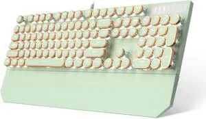 Typewriter Style Mechanical Gaming Keyboard, Green Retro Punk Gaming Keyboard with White Backlit, 104 Keys Blue Switch Wired Cute Keyboards, Round Keycaps for Windows/Mac/PC