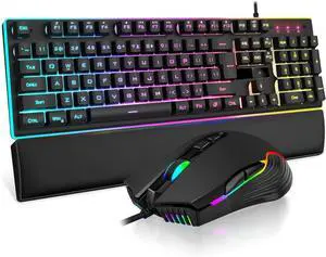 K10 Wired Gaming Keyboard and Mouse and Wrist Rest Combo, RGB Backlit, Mechanical Feel Anti-ghosting Keyboard + 7D 7200 DPI Mice+Soft Leather Wrist Rest 3 in 1 PC Gamer Accessories(Black)