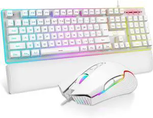 K10 Wired Gaming Keyboard and Mouse and Wrist Rest Combo, RGB Backlit, Mechanical Feel Anti-ghosting Keyboard + 7D 7200 DPI Mice+Soft Leather Wrist Rest 3 in 1 PC Gamer Accessories(White)