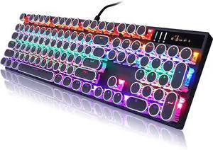 Typewriter Style Mechanical Gaming Keyboard, Black Retro Punk Gaming Keyboard with RGB Backlit, 104 Keys Blue Switch Wired Cute Keyboards, Round Keycaps for Windows/Mac/PC