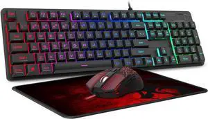 S107 Gaming Keyboard and Mouse, RGB Gaming Keyboard and 3200 DPI Mouse Combo with Large Mouse Pad, 25-Key Anti-Ghosting, Mechanical Feeling Keyboard, Plug & Play to PC, Laptop