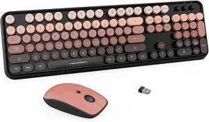 Wireless Keyboard Mouse Combo,104 Round Keys Cute Colorful Keyboard with Retro Typewriter Style,Full Size Keyboard with Number Pad&Mouse with 3 DPI for PC Mac Laptop Computer Windows-Black