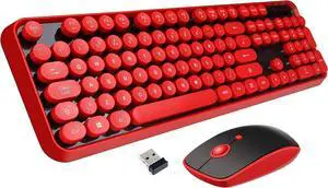 2.4GHz Wireless Typewriter Keyboard with 104 Cute Retro Round Keys, Full Size Wireless Keyboard and Mouse Combo with 3 DPI for Computer Mac PC Laptop-Black/Red