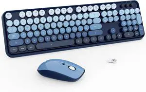 Wireless Keyboard Mouse Combo,104 Round Keys Cute Colorful Keyboard with Retro Typewriter Style, Full Size Keyboard with Number Pad&Mouse with 3 DPI for PC Mac Laptop Computer Windows-Blue