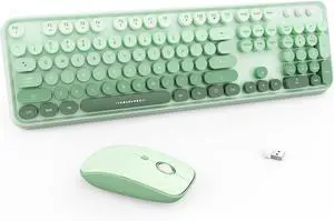 Wireless Keyboard Mouse Combo,104 Round Keys Cute Colorful Keyboard Retro Typewriter Style, Full Size Keyboard with Number Pad&Mouse with 3 DPI for PC Mac Laptop Computer Windows-Green