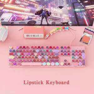 Mechanical Gaming Keyboard Typewriter Style with RGB Side Lit and Rainbow Backlit, Retro Style, Blue Switches - Clicky, Metal Panel, Lipstick 104 Keys USB Wired for Mac, PC, Cute Pink