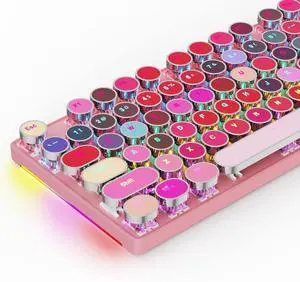 Typewriter Mechanical Gaming Keyboard with RGB Sidelit and Rainbow Backlit, Retro Style, Red Switches, Metal Panel, Lipstick 104 Keys for Mac, PC, Cute Pink