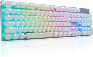 Wired Typewriter Style Mechanical Gaming Keyboard, Programmable RGB Backlit, Blue Switches - Clicky, USB-C Cable, Metal Panel, 104 Double-Shot Keycaps for PC, White