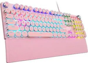 F2088 Typewriter Style Mechanical Gaming Keyboard,Rainbow LED Backlit,Removable Wrist Rest,Media Control Knob,Retro Punk Round Keycaps,USB Wired Computer Keyboard,Pink