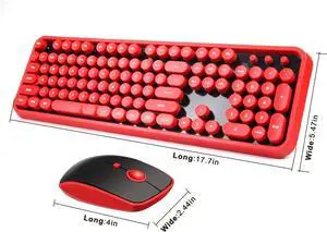 Wireless Keyboard Mouse Combo,2.4GHz Waterproof Keyboard with Round Retro Style Red Key and Optical Wireless Gaming Mouse with 3 Adjustable DPI,Compatible with PC, Computer, Laptop, Desktop, Note-Red
