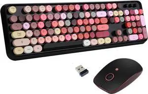 USB Retro Typewriter Keyboard, Wireless Full Size with 104 Colorful Round Key and Cute Mouse with 3 DPI, 2.4GHz for Office Computer Laptop Mac PC-Black
