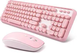 Pink Wireless Keyboard Mouse Combo,104 Round Keys Cute Colorful Keyboard Retro Typewriter Style,Full Size Keyboard with Number Pad&Mouse with 3 DPI for PC Mac Laptop Computer Windows