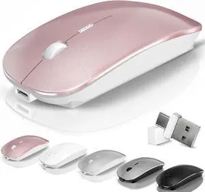 Mouse for Laptop Wireless Bluetooth - MacBook Air Mac Pro PC iPad Optical Rechargeable Silent Mouse with Jiggler Dual Mode Switch Bluetooth 5.2/3.0 and 2.4GHz USB-A and Type-C Receiver Rose Gold