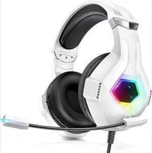 Gaming Headset for PC, Ps4, Ps5, Xbox Headset with 7.1 Surround Sound Gaming Headphones with Noise Canceling Mic, LED Light Over Ear Headphones for Switch, Xbox Series X/S, Laptop, Mobile White