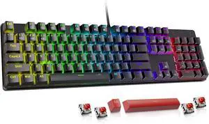 Mechanical Gaming Keyboard Wired, 11 Programmable Backlit Modes, Hot-Swappable Red Switch, Anti-Ghosting, Double-Shot PBT Keycaps, Light Up Keyboard for PC Mac