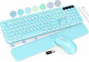Wireless Keyboard and Mouse Backlit - Typewriter Keyboard with Retro Round Keycaps, Detachable Wrist Rest, Light Up Letters, 2.4G Rechargeable Combo for Mac, Windows, PC, Laptop, (Aqua Blue)
