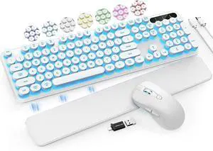 Wireless Keyboard and Mouse Backlit - Typewriter Keyboard with Retro Round Keycaps, Detachable Wrist Rest, Light Up Letters, 2.4G Rechargeable Combo for Mac, Windows, PC, Laptop