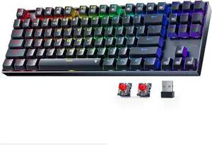 Wireless Gaming Keyboard, BT/2.4Ghz Tri-Mode Mechanical Keyboard with Aluminum Pannel, Hot-Swap Red Switch, Programmable 87 Keys TKL, LED Rainbow Backlit - K552-KRS