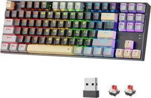 Wireless Gaming Keyboard, BT/2.4Ghz Tri-Mode Mechanical Keyboard with Aluminum Pannel, Hot-Swap Red Switch, Programmable 87 Keys TKL, LED Rainbow Backlit - K552LGY-KRS (Eclipse Gilded)