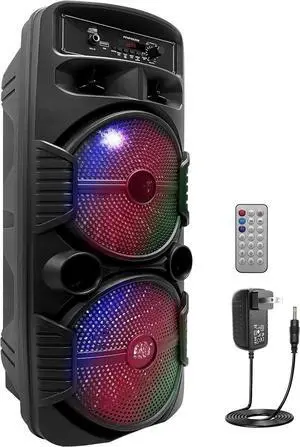 Portable Bluetooth PA Speaker System - 600W Rechargeable Outdoor Bluetooth Speaker Portable PA System w/ Dual 8 Subwoofer 1 Tweeter, Microphone In, Party Lights, USB, Radio, Remote - PPHP2835B