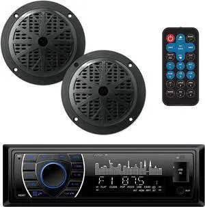 Marine Headunit Receiver Speaker Kit - In-Dash LCD Digital Stereo Built-in Bluetooth & Microphone w/ AM FM Radio System 5.25 Waterproof Speakers (2) MP3/SD Readers & Remote Control-PLMRKT46BK