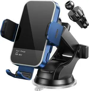 Wireless Car Charger,7 Colored LED Backlit15W Auto Clamping Car Charger Phone Mount Holder fit for iPhone 14 13 12 Mini Pro Max 11 XR XS X, Samsung Galaxy S23 Ultra S22 S21+ S10+ Note 20, etc - Blue