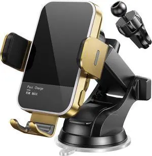Wireless Car Charger,7 Colored RGB Backlit 15W Auto Clamping Phone Holders for Your Car for iPhone 16 15 14 13 12 Mini Pro Max 11 XR XS X, Samsung Galaxy S24 Ultra S23 S22 S21+ Note 20, etc - Gold